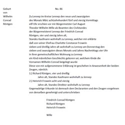 Transkript Geburtsurkunde Wilhelm Conrad Röntgen